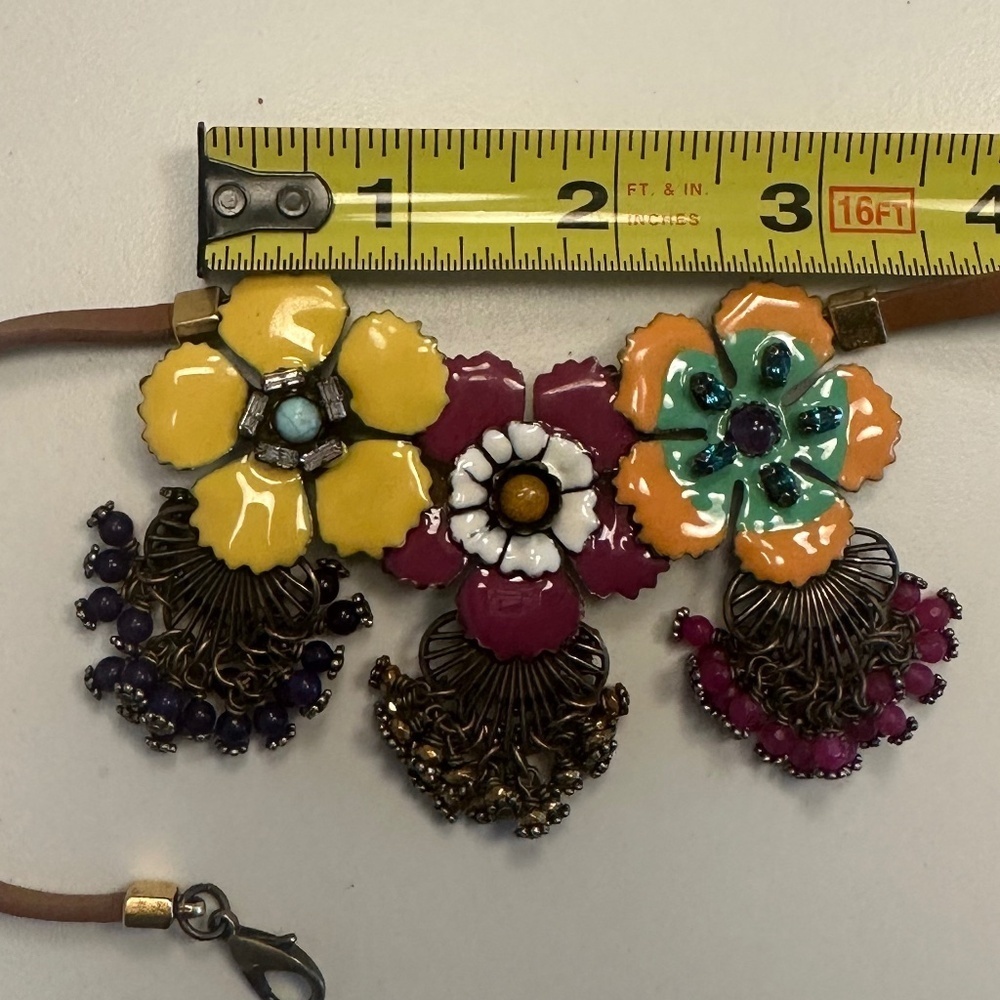 TOVA - Vibrant Boho Floral Enamel Brass Necklace on Brown Leather Cord - 18 in. - Picture 13 of 14